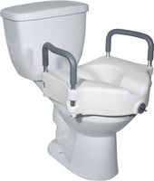 Portable raise toilet seat with lock and detachable arms.